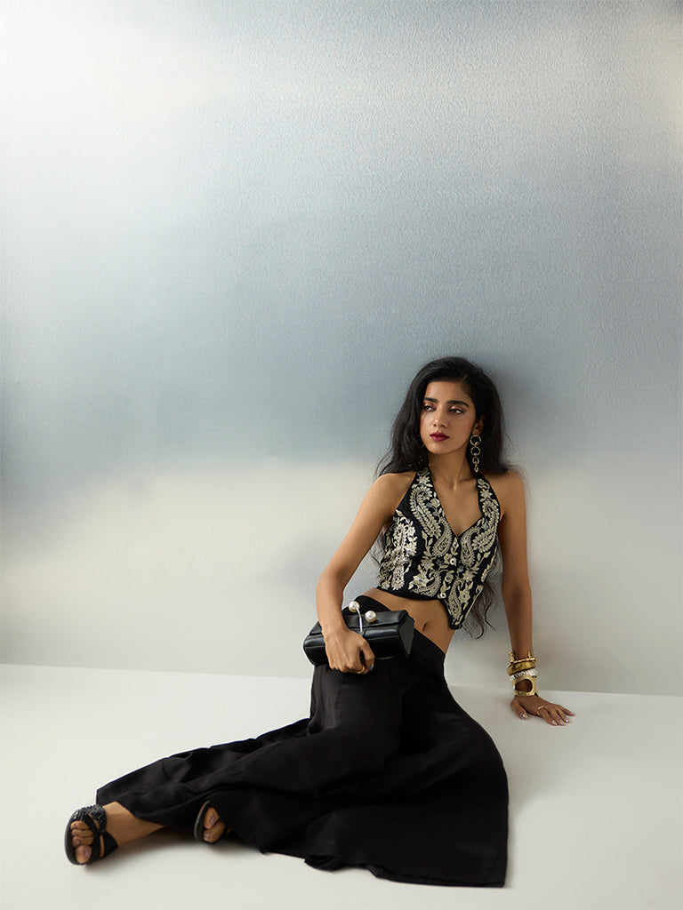 Vark Black Solid Satin Palazzos - Image 3