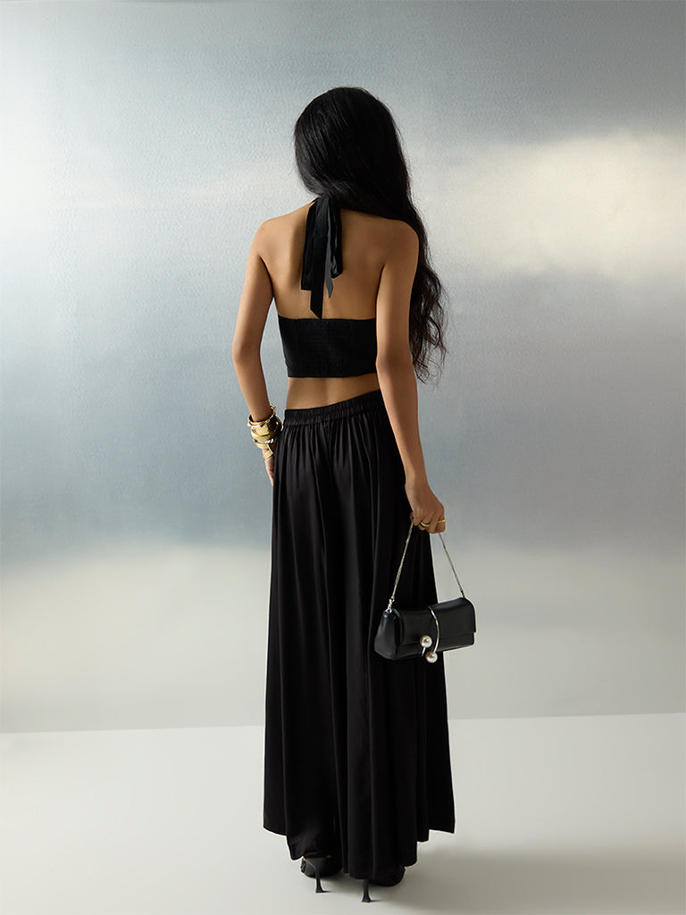 Vark Black Solid Satin Palazzos - Image 4