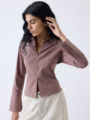 Nuon Brown Solid Cotton-Blend Top