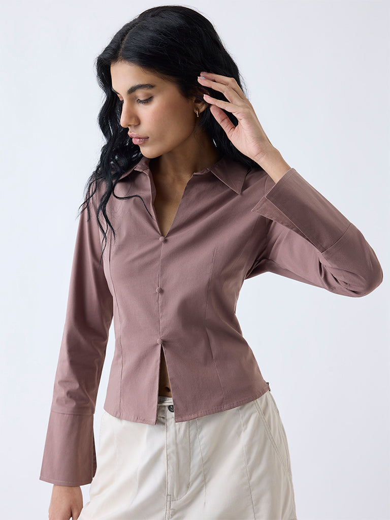 Nuon Brown Solid Cotton-Blend Top