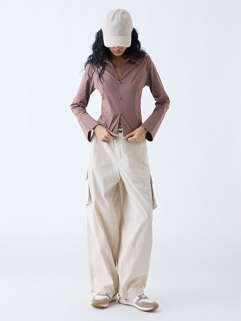 Nuon Brown Solid Cotton-Blend Top - Image 2