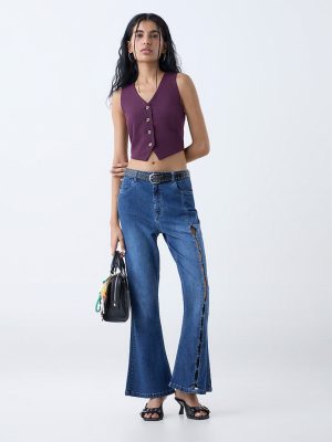 Nuon Blue Cut-Out Detailed Mid-Rise Bootcut Jeans