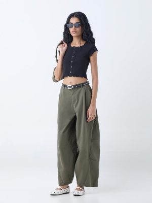 Nuon Olive Mid-Rise Cotton-Blend Baggy Trousers