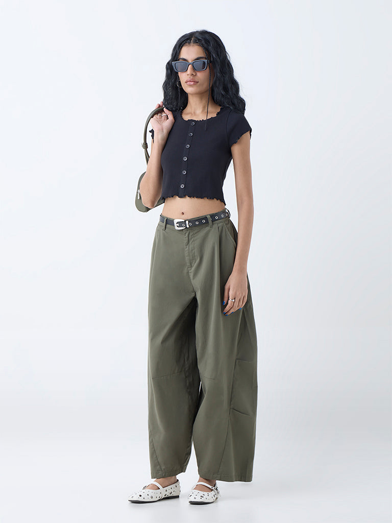 Nuon Olive Mid-Rise Cotton-Blend Baggy Trousers