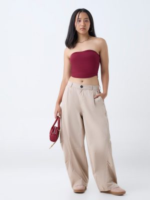 Nuon Beige Wide-Leg High-Rise Cotton-Blend Pants