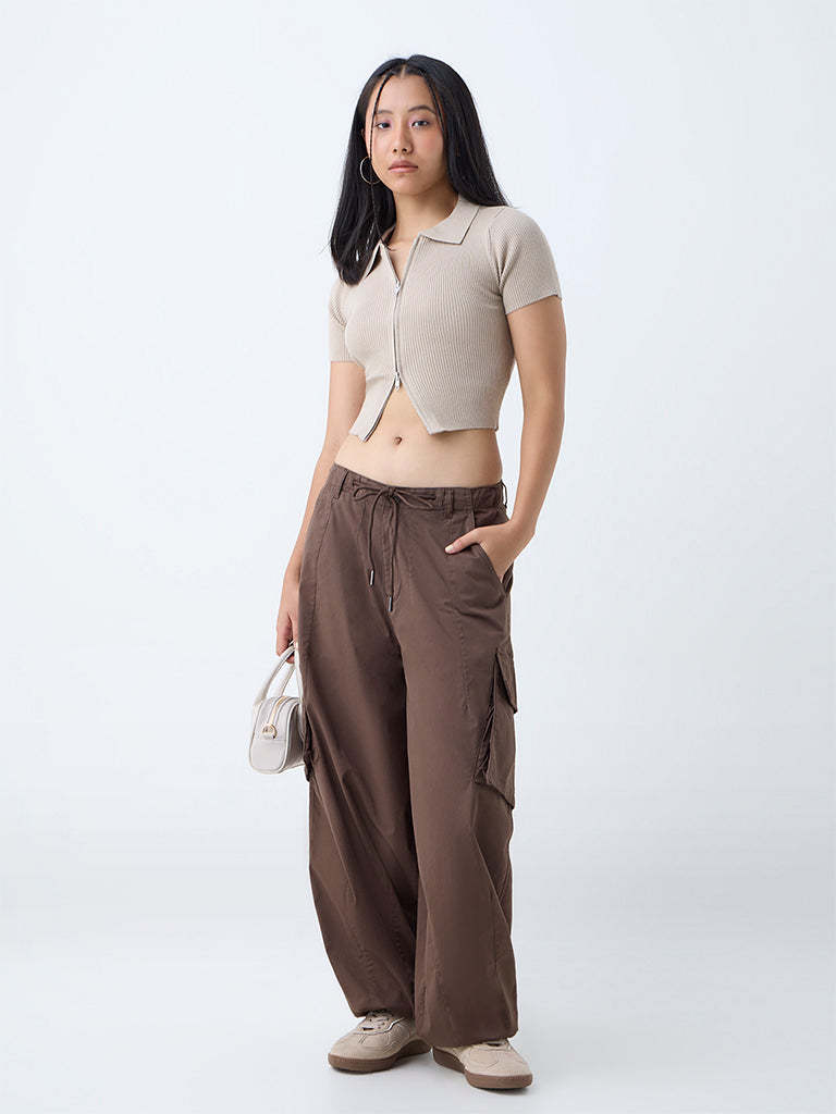 Nuon Brown Cargo-Style High-Rise Cotton-Blend Pants