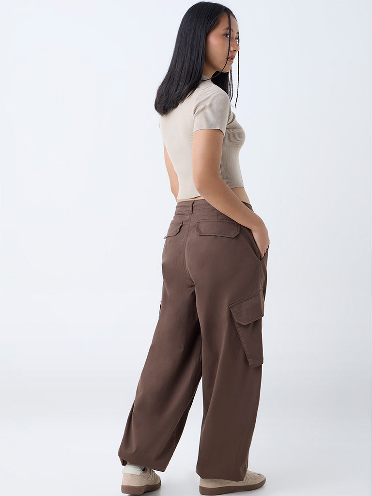 Nuon Brown Cargo-Style High-Rise Cotton-Blend Pants - Image 4