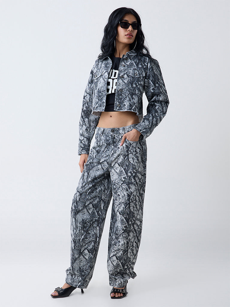 Nuon Grey Camouflage High-Rise Cotton-Blend Trousers