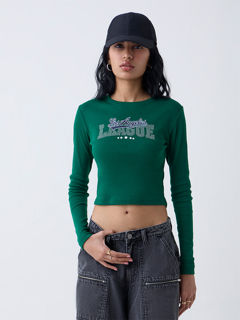 Nuon Dark Green Text Design Cotton-Blend T-Shirt - Image 2