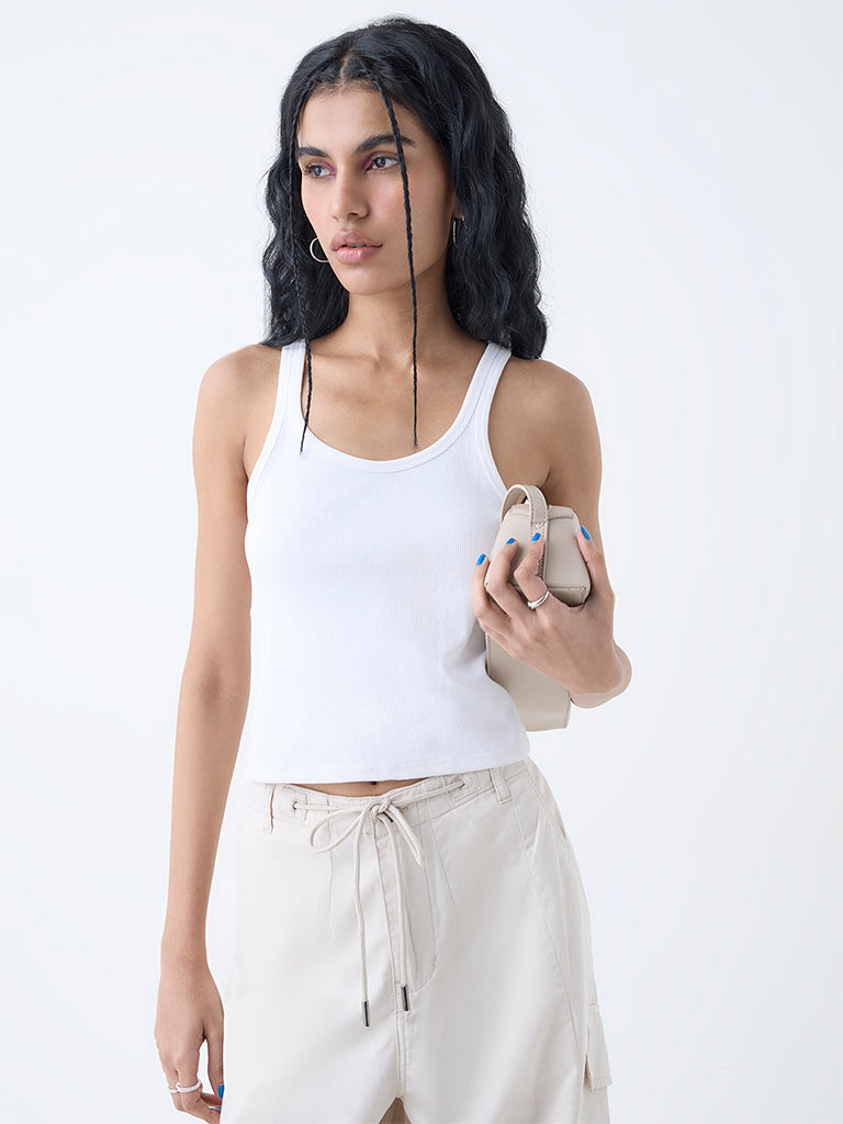 Nuon White Ribbed Cotton-Blend Tank Top