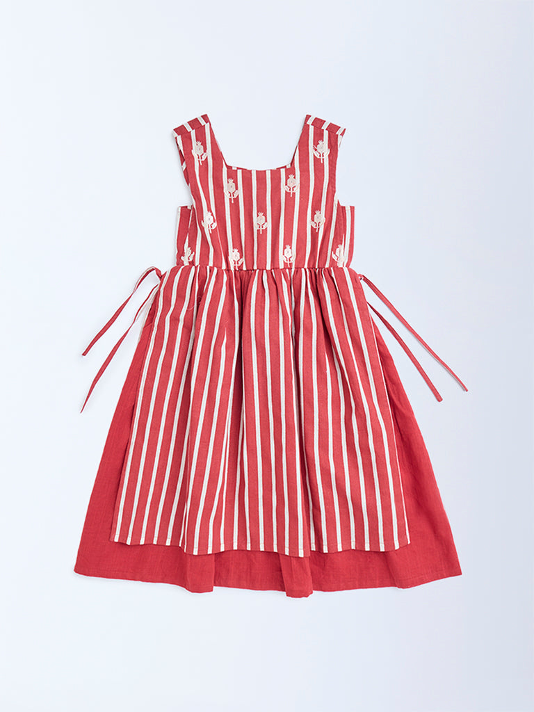 Utsa Kids Red Striped Cotton-Blend A-Line Dress - (2-8yrs)