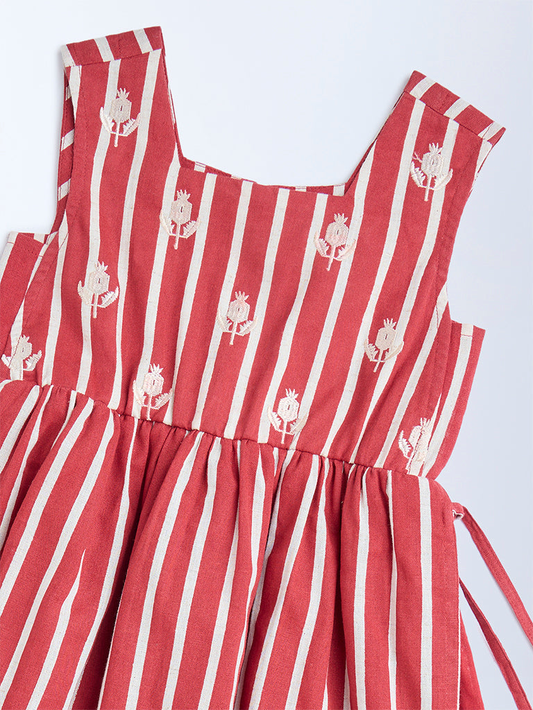 Utsa Kids Red Striped Cotton-Blend A-Line Dress - (2-8yrs) - Image 3