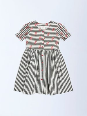 Utsa Kids Black Striped Cotton-Blend A-Line Dress - (2-8yrs)