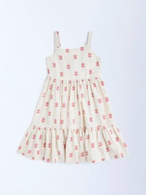 Utsa Kids Off-White Jamdani Floral Cotton-Blend Tiered Dress - (2-8yrs)