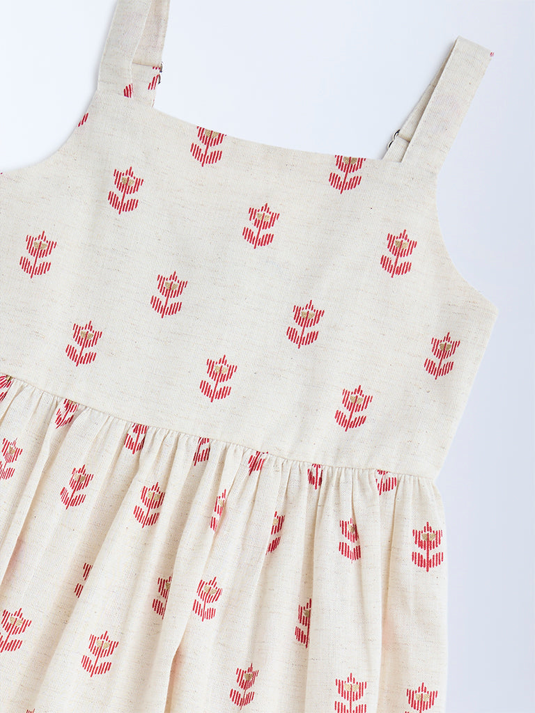 Utsa Kids Off-White Jamdani Floral Cotton-Blend Tiered Dress - (2-8yrs) - Image 3