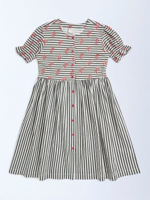 Utsa Kids Black Striped Cotton-Blend A-Line Dress - (8-14yrs)