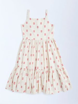 Utsa Kids Off-White Jamdani Floral Cotton-Blend Tiered Dress - (8-14yrs)