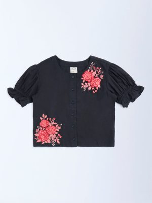 Utsa Kids Black Floral Embroidered Cotton-Blend Top - (8-14yrs)