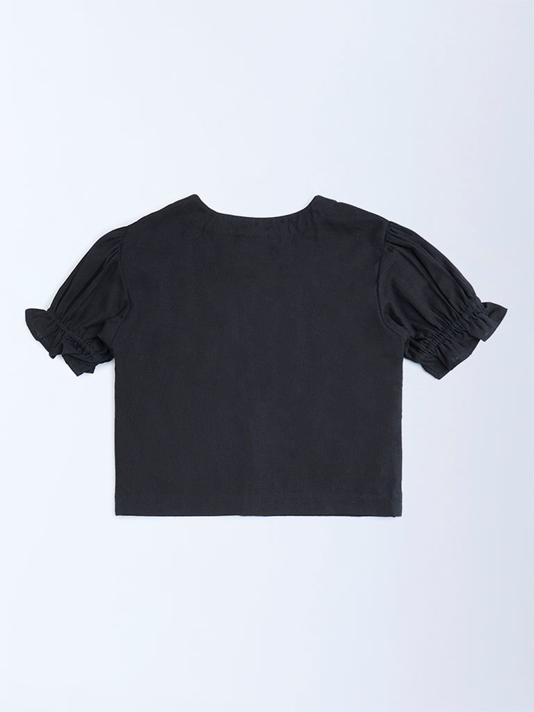 Utsa Kids Black Floral Embroidered Cotton-Blend Top - (8-14yrs) - Image 2