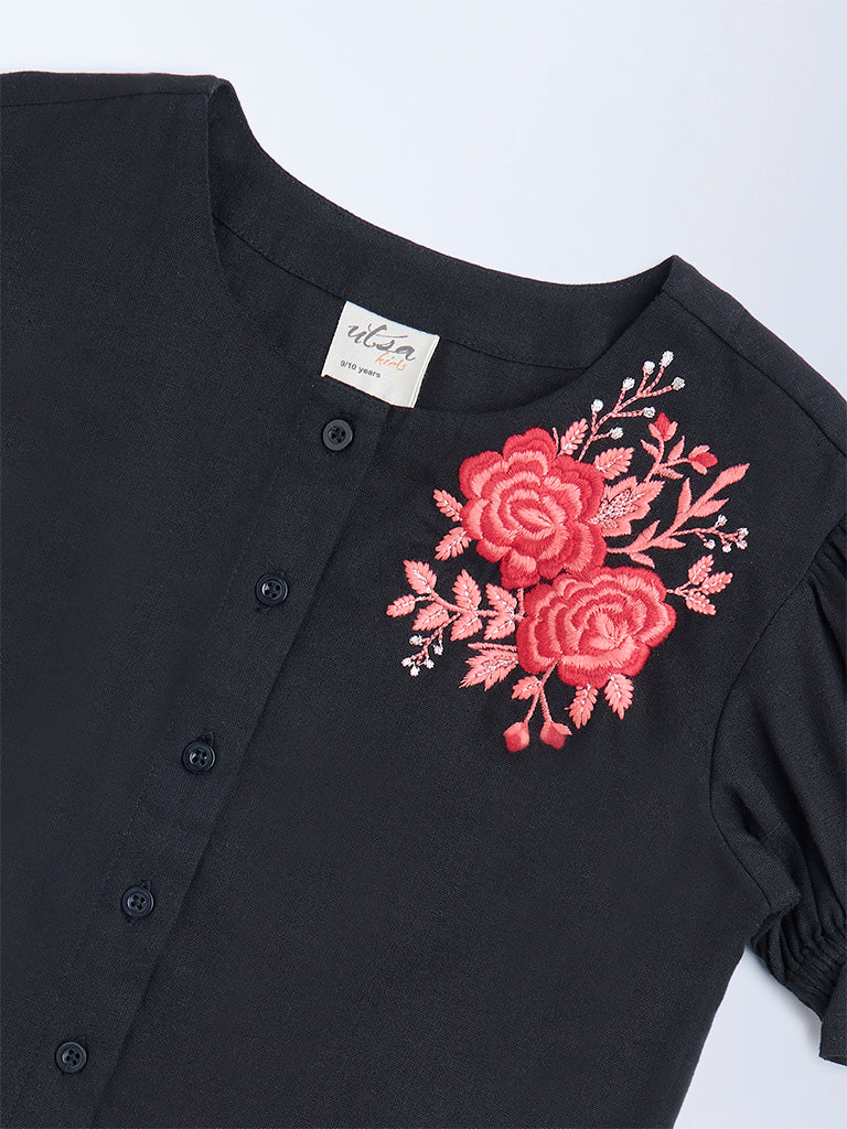 Utsa Kids Black Floral Embroidered Cotton-Blend Top - (8-14yrs) - Image 3