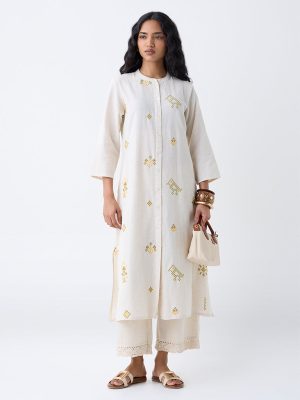 Utsa Off-White Embroidered Cotton-Blend A-Line Kurta