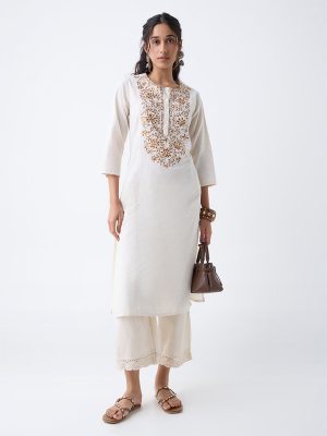 Utsa Beige Floral Embroidered Cotton-Blend A-Line Kurta