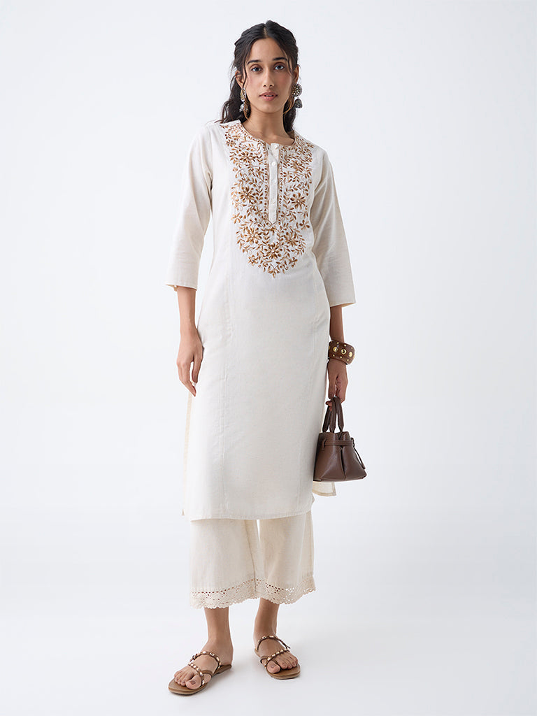 Utsa Beige Floral Embroidered Cotton-Blend A-Line Kurta