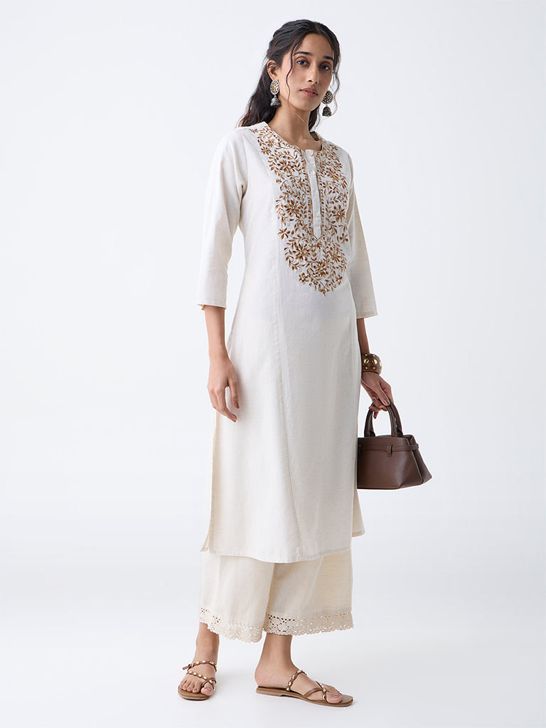 Utsa Beige Floral Embroidered Cotton-Blend A-Line Kurta - Image 2
