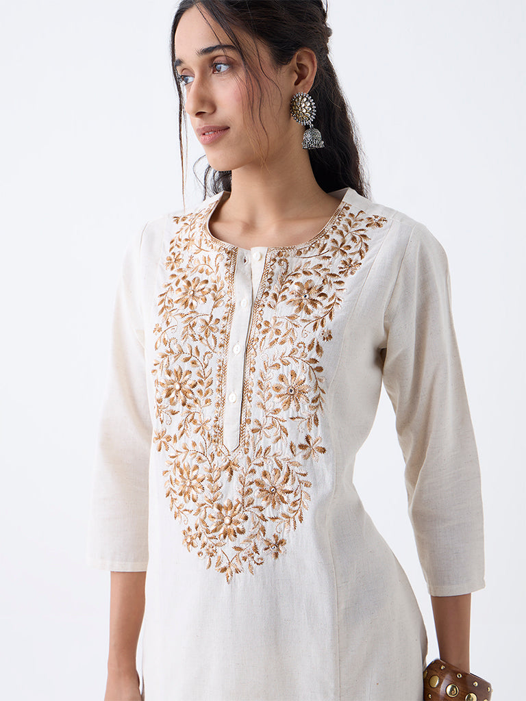Utsa Beige Floral Embroidered Cotton-Blend A-Line Kurta - Image 3