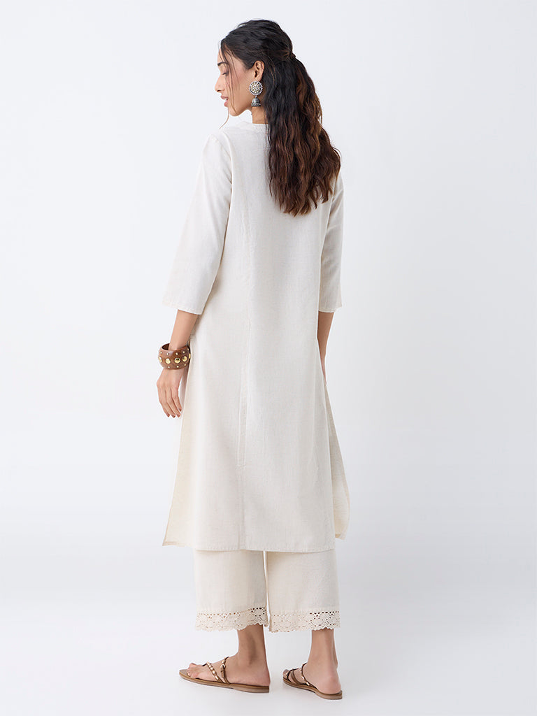 Utsa Beige Floral Embroidered Cotton-Blend A-Line Kurta - Image 4