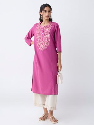 Utsa Fuchsia Floral Embroidered Cotton-Blend A-Line Kurta