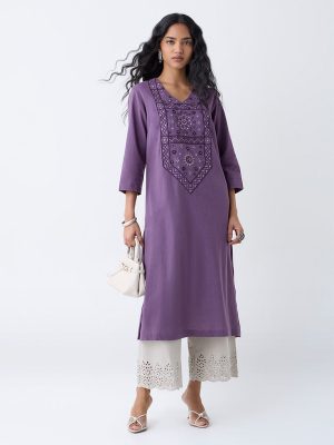 Utsa Purple Embroidered Cotton-Blend A-Line Kurta