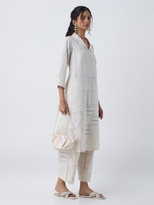 Utsa Light Beige Geometric Cotton-Blend A-Line Kurta