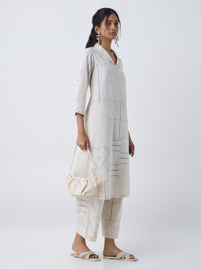 Utsa Light Beige Geometric Cotton-Blend A-Line Kurta