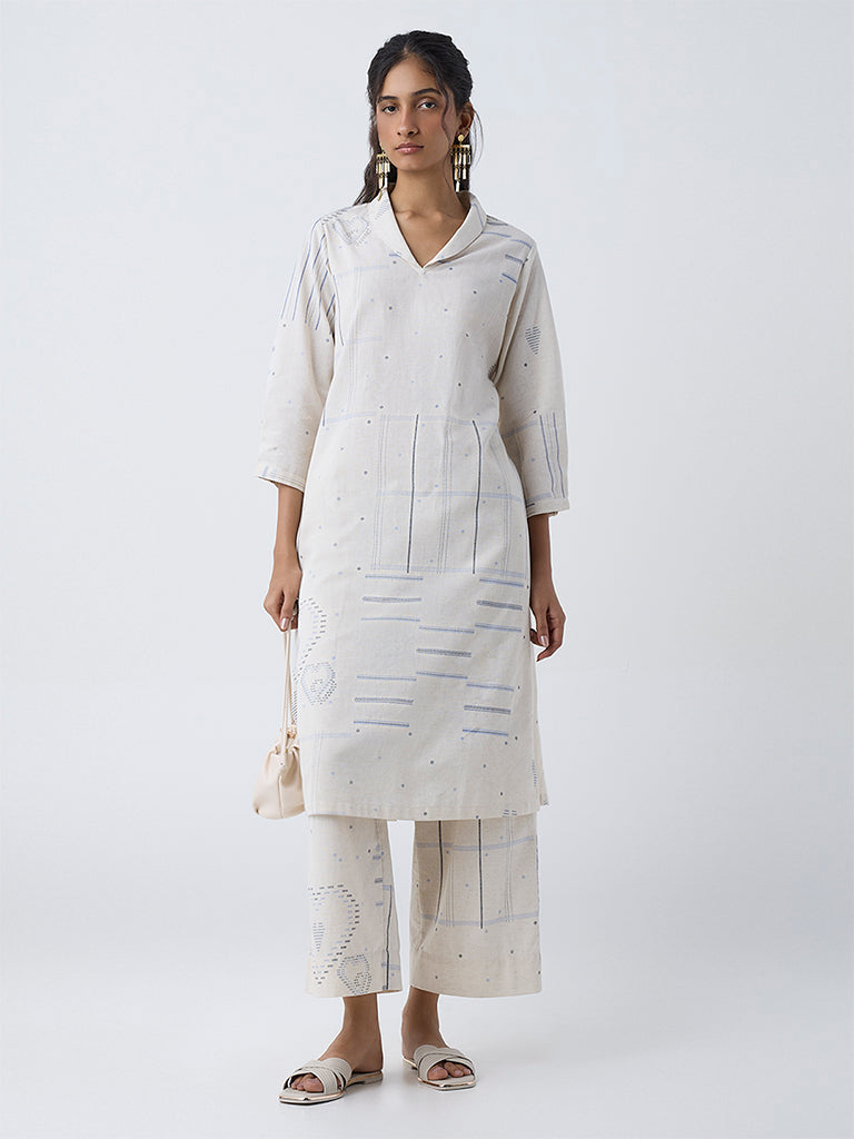Utsa Light Beige Geometric Cotton-Blend A-Line Kurta - Image 2