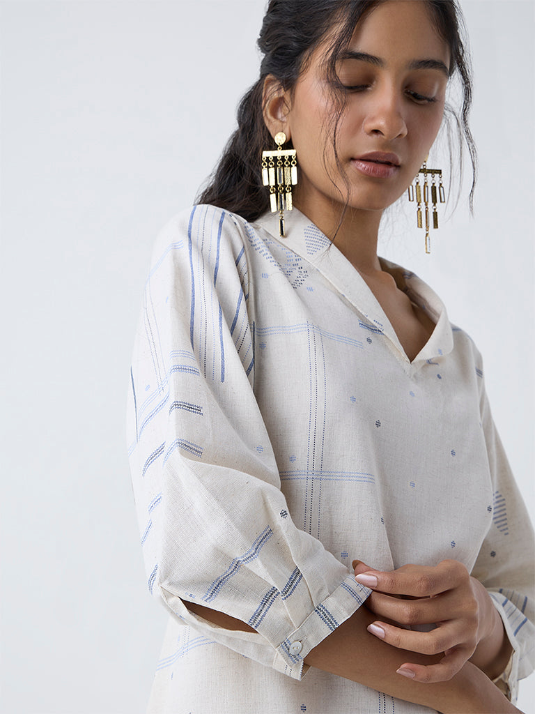 Utsa Light Beige Geometric Cotton-Blend A-Line Kurta - Image 3