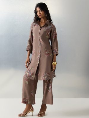 Utsa Brown Floral Printed A-Line Kurta