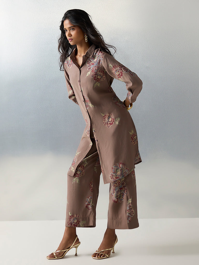 Utsa Brown Floral Printed A-Line Kurta - Image 2
