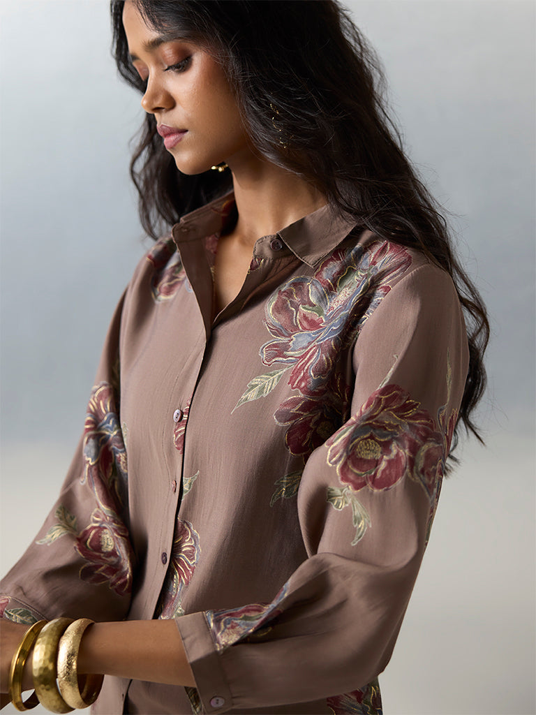 Utsa Brown Floral Printed A-Line Kurta - Image 3