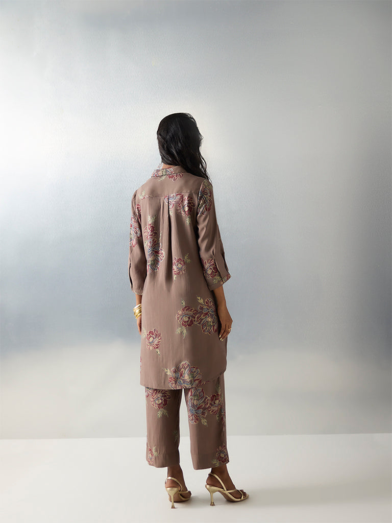 Utsa Brown Floral Printed A-Line Kurta - Image 4
