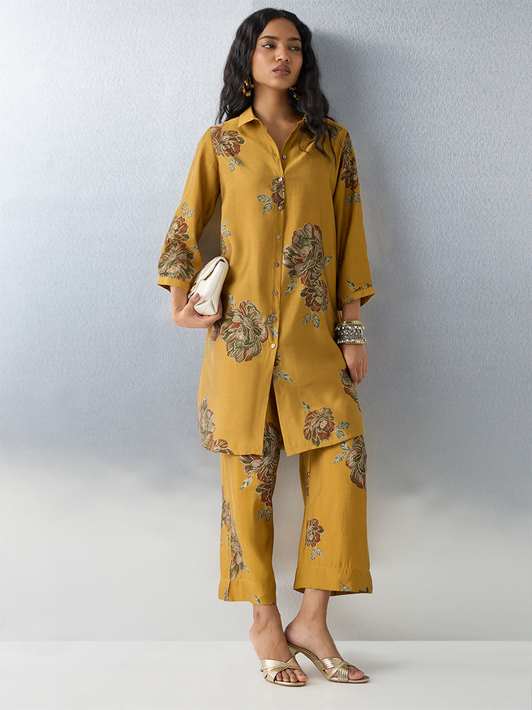 Utsa Mustard Floral Pattern Kurta