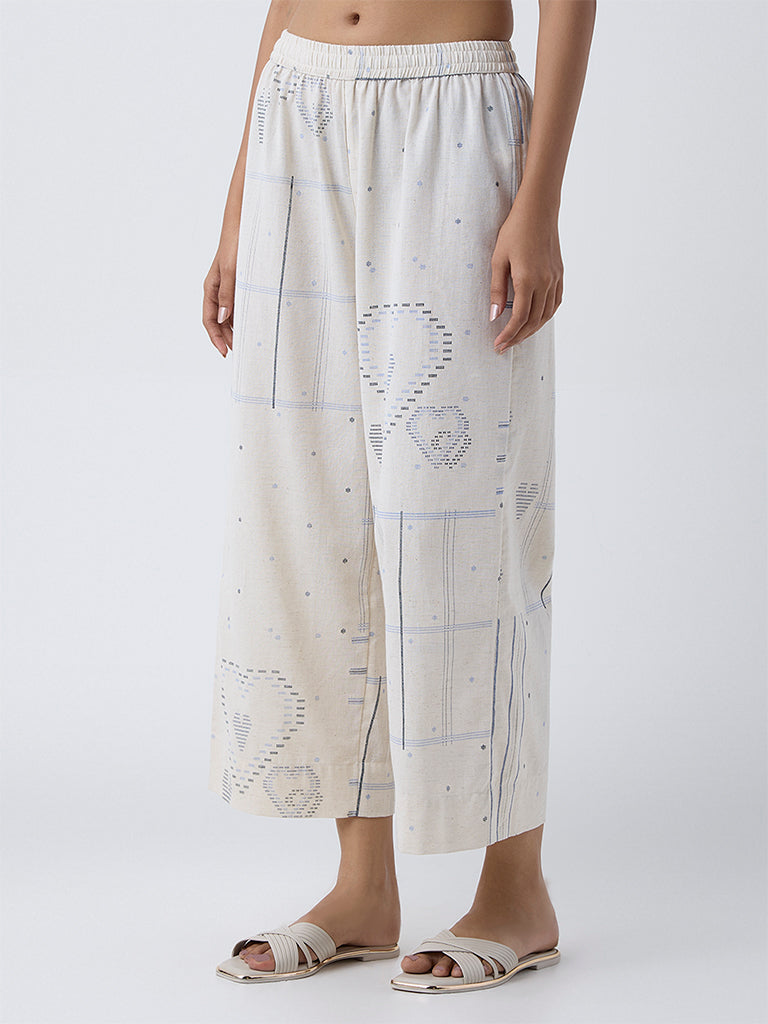 Utsa Off-White Geometric Printed Cotton-Blend Palazzos