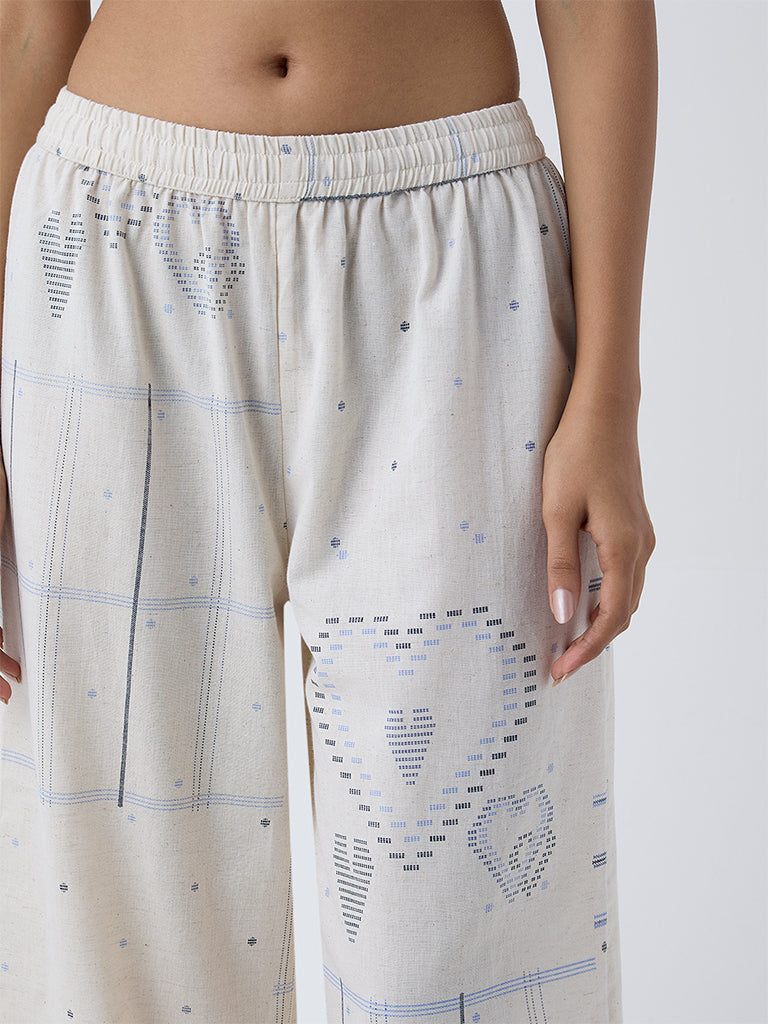Utsa Off-White Geometric Printed Cotton-Blend Palazzos - Image 3