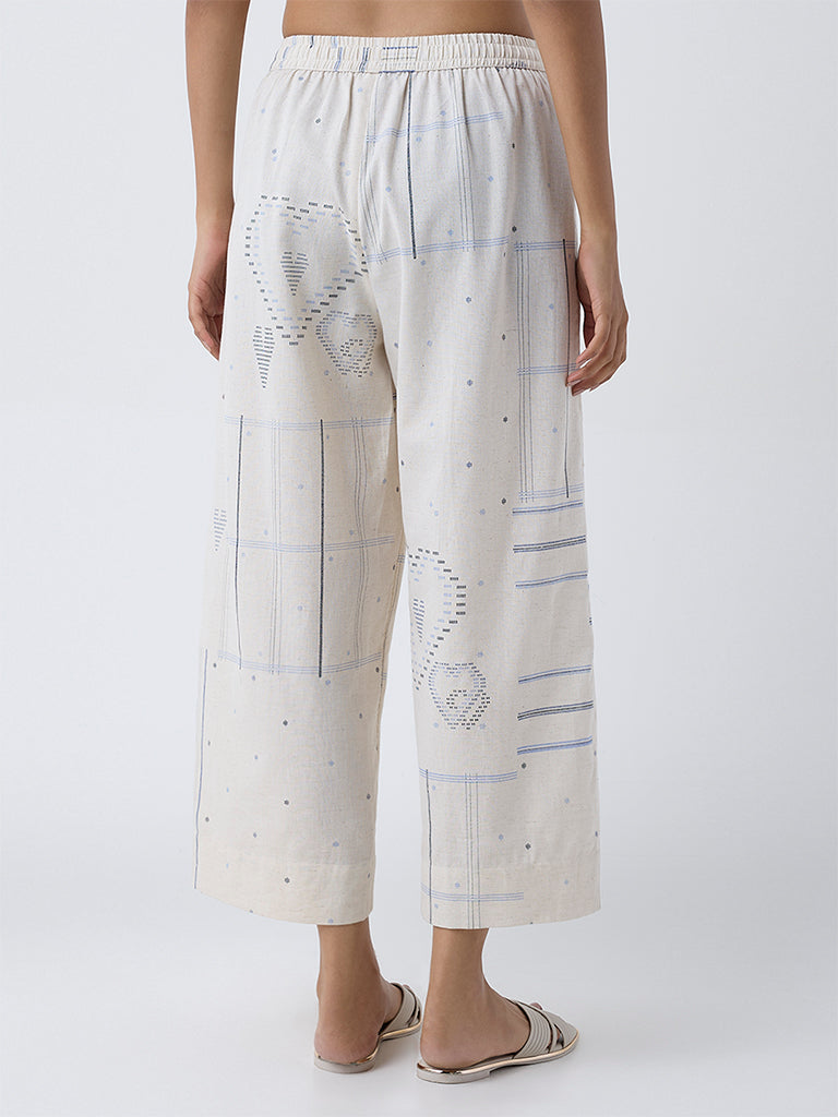 Utsa Off-White Geometric Printed Cotton-Blend Palazzos - Image 4