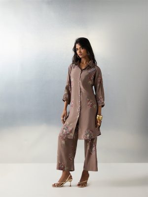 Utsa Brown Floral Printed Pants