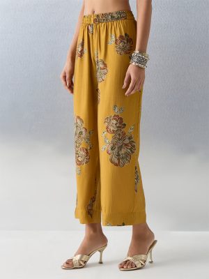 Utsa Mustard Floral Printed Pants