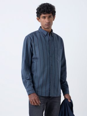 WES Casuals Charcoal Striped Relaxed-Fit Cotton Shirt
