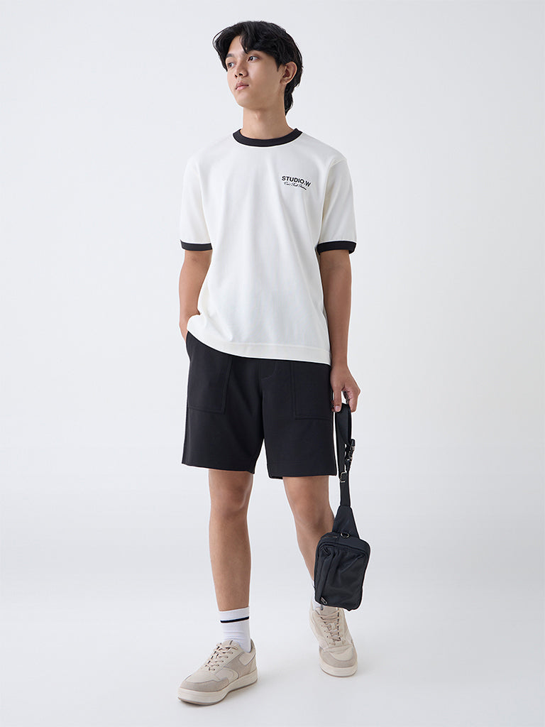 Studiofit Off-White Text Design Relaxed-Fit Cotton-Blend T-Shirt - Image 2