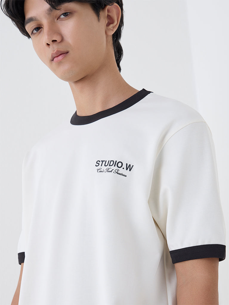 Studiofit Off-White Text Design Relaxed-Fit Cotton-Blend T-Shirt - Image 3