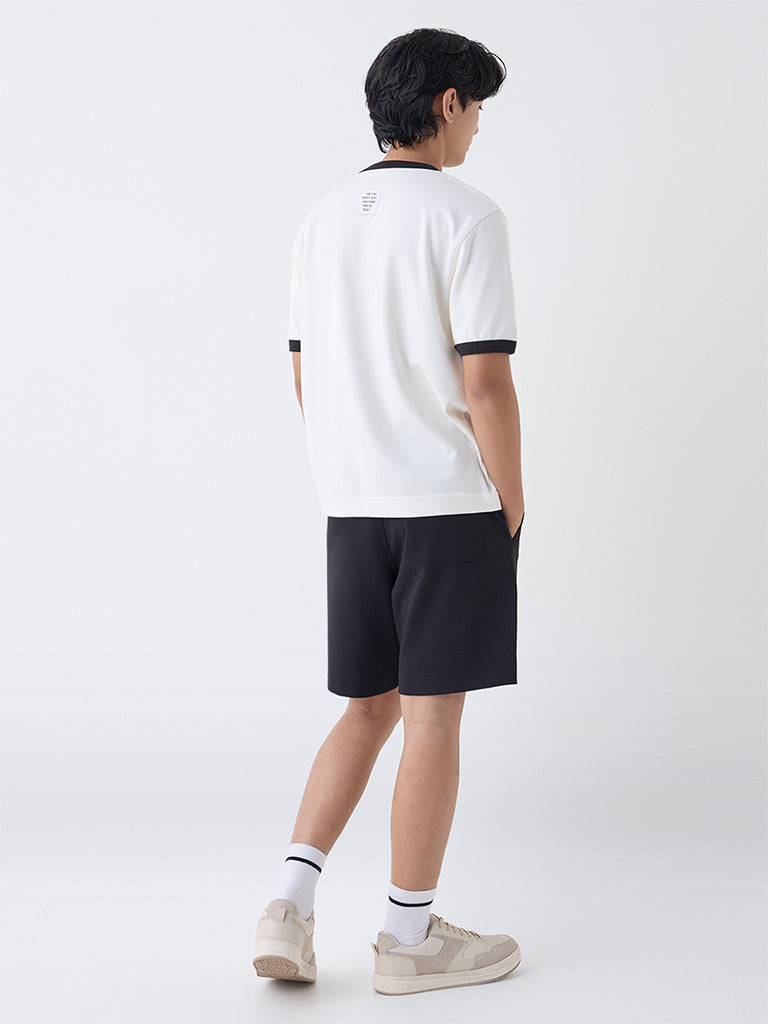 Studiofit Off-White Text Design Relaxed-Fit Cotton-Blend T-Shirt - Image 4